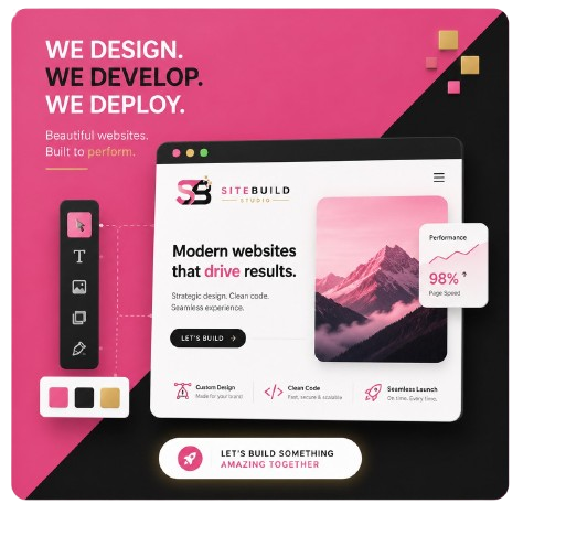 SiteBuild Studio mockup: We Design. We Develop. We Deploy. Modern websites that drive results.